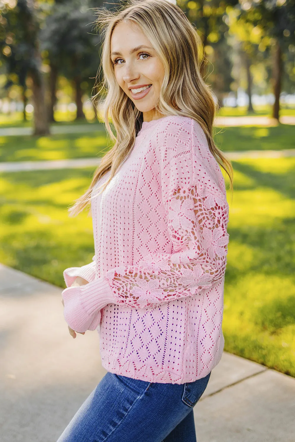 Crochet Lace Pointelle Knit Sweater