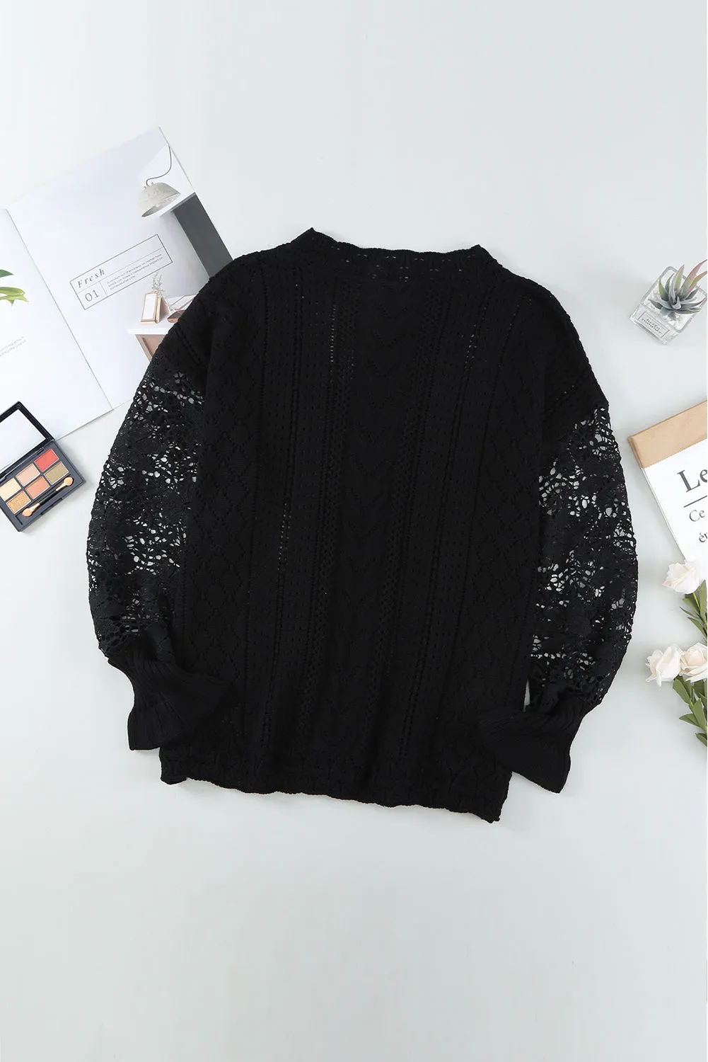 Crochet Lace Pointelle Knit Sweater