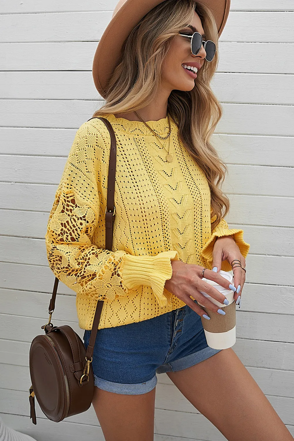 Crochet Lace Pointelle Knit Sweater