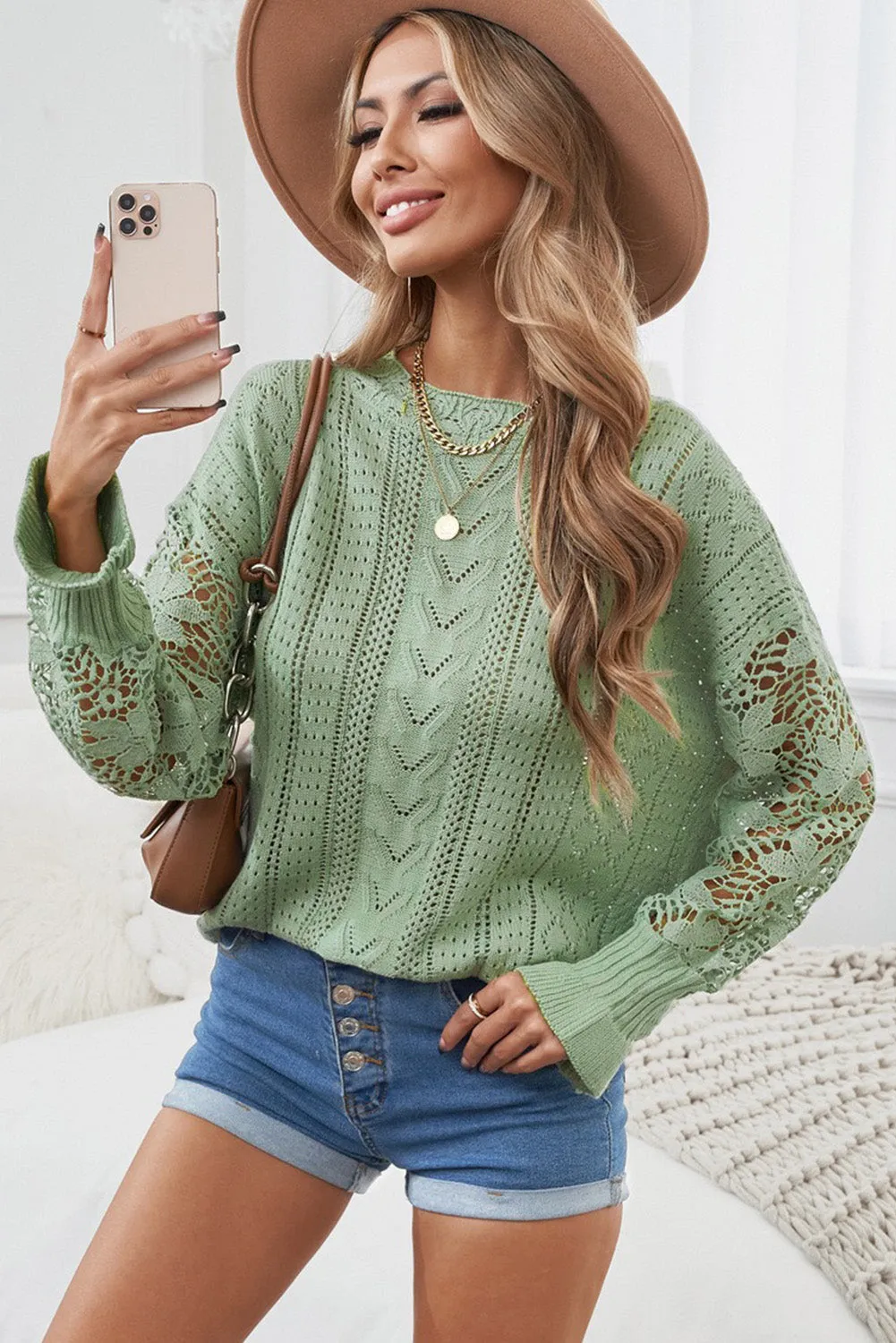 Crochet Lace Pointelle Knit Sweater