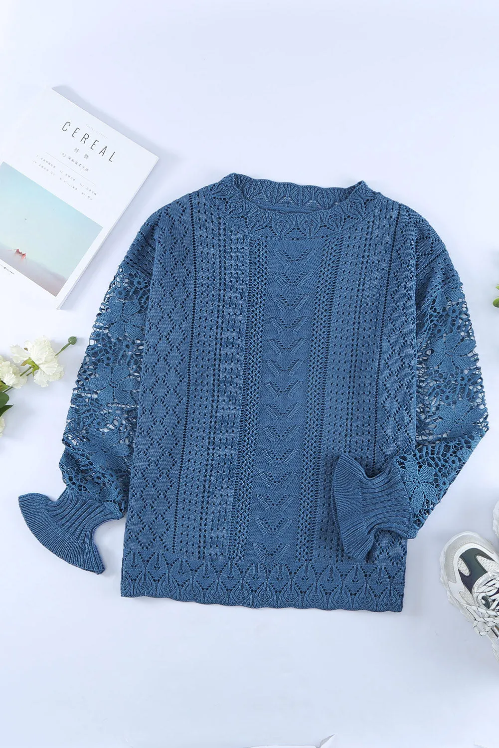 Crochet Lace Pointelle Knit Sweater