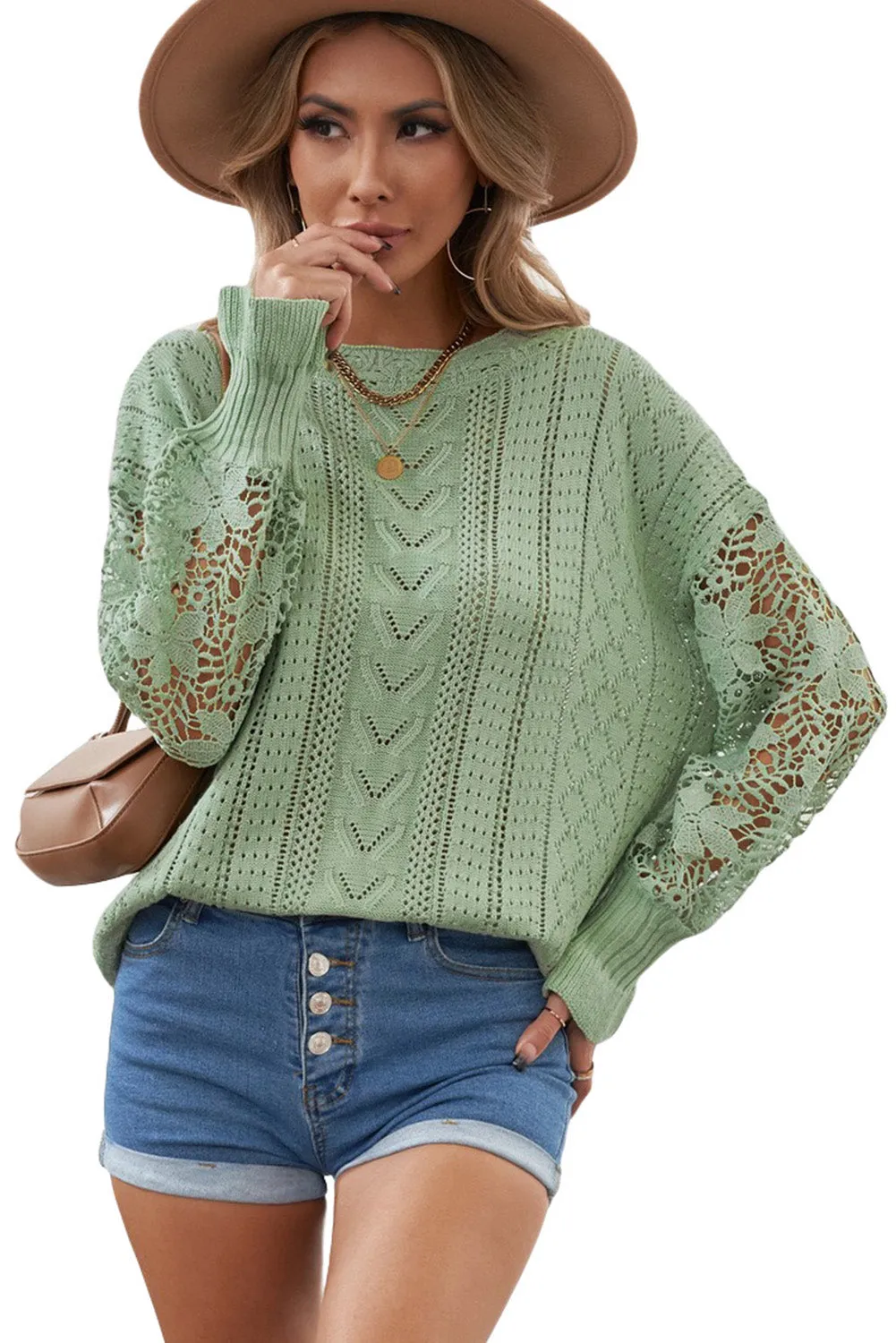 Crochet Lace Pointelle Knit Sweater