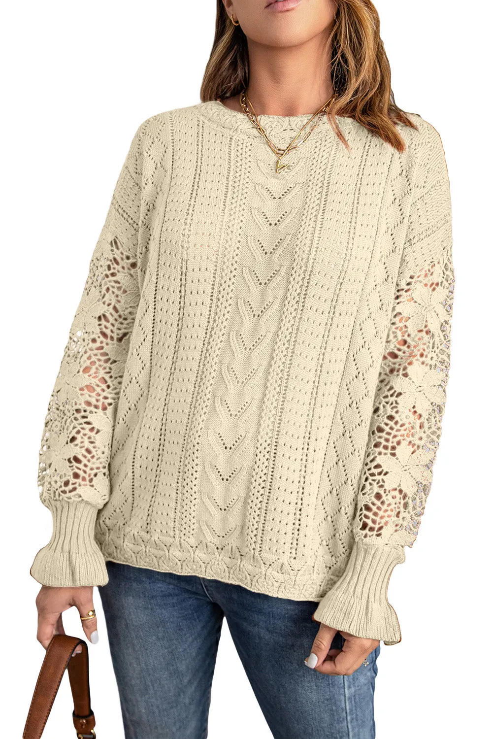 Crochet Lace Pointelle Knit Sweater