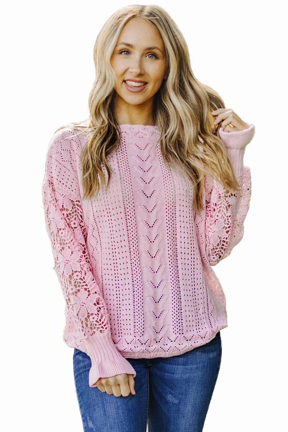 Crochet Lace Pointelle Knit Sweater