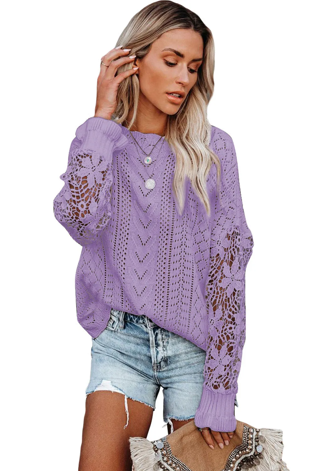 Crochet Lace Pointelle Knit Sweater