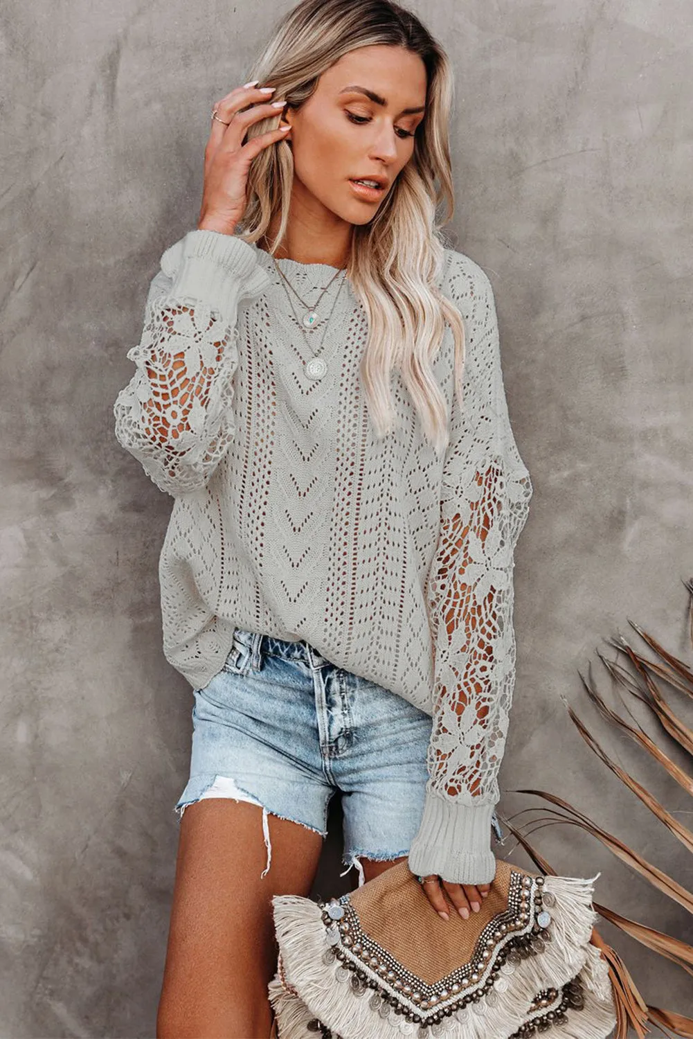 Crochet Lace Pointelle Knit Sweater