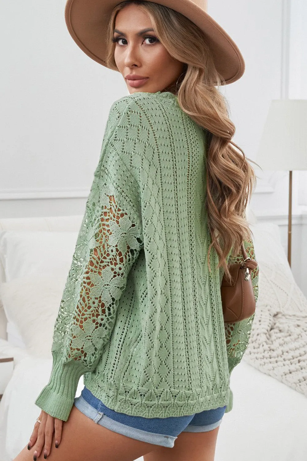 Crochet Lace Pointelle Knit Sweater