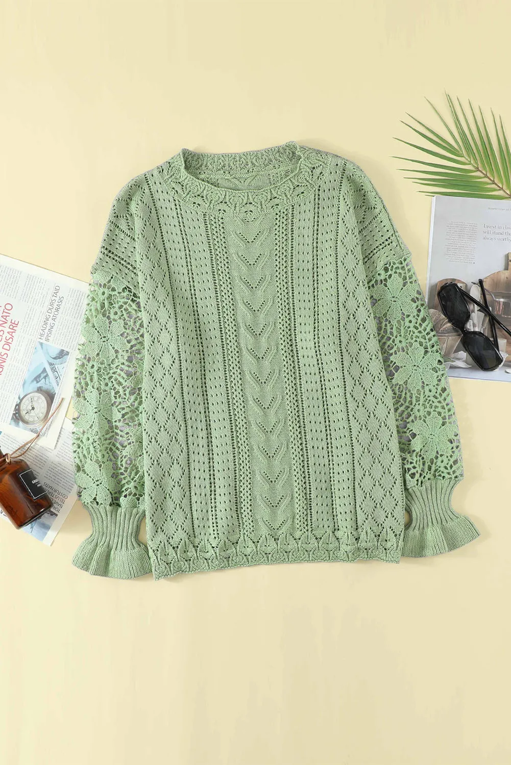 Crochet Lace Pointelle Knit Sweater