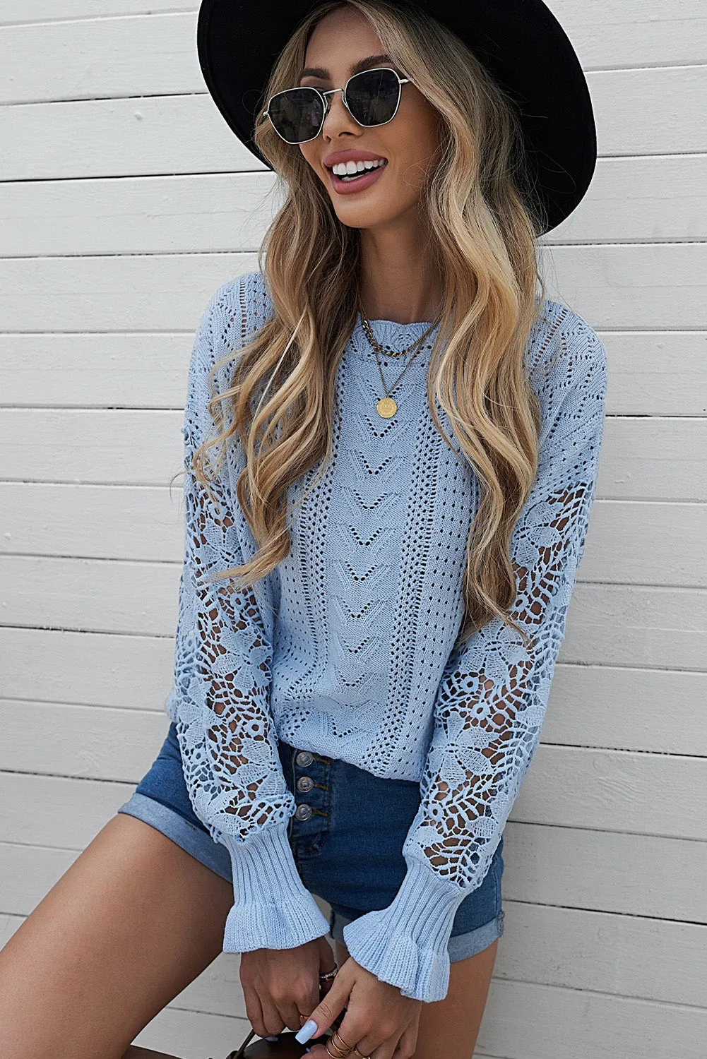 Crochet Lace Pointelle Knit Sweater