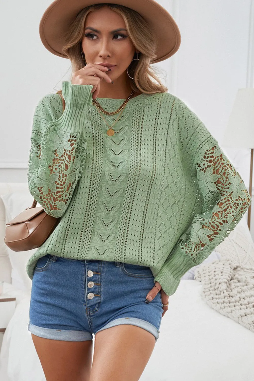 Crochet Lace Pointelle Knit Sweater