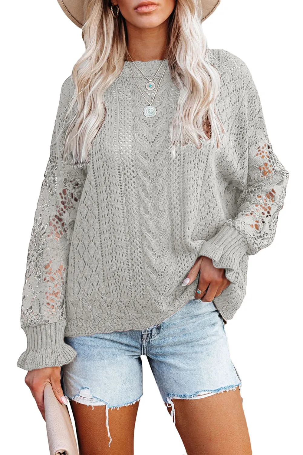 Crochet Lace Pointelle Knit Sweater