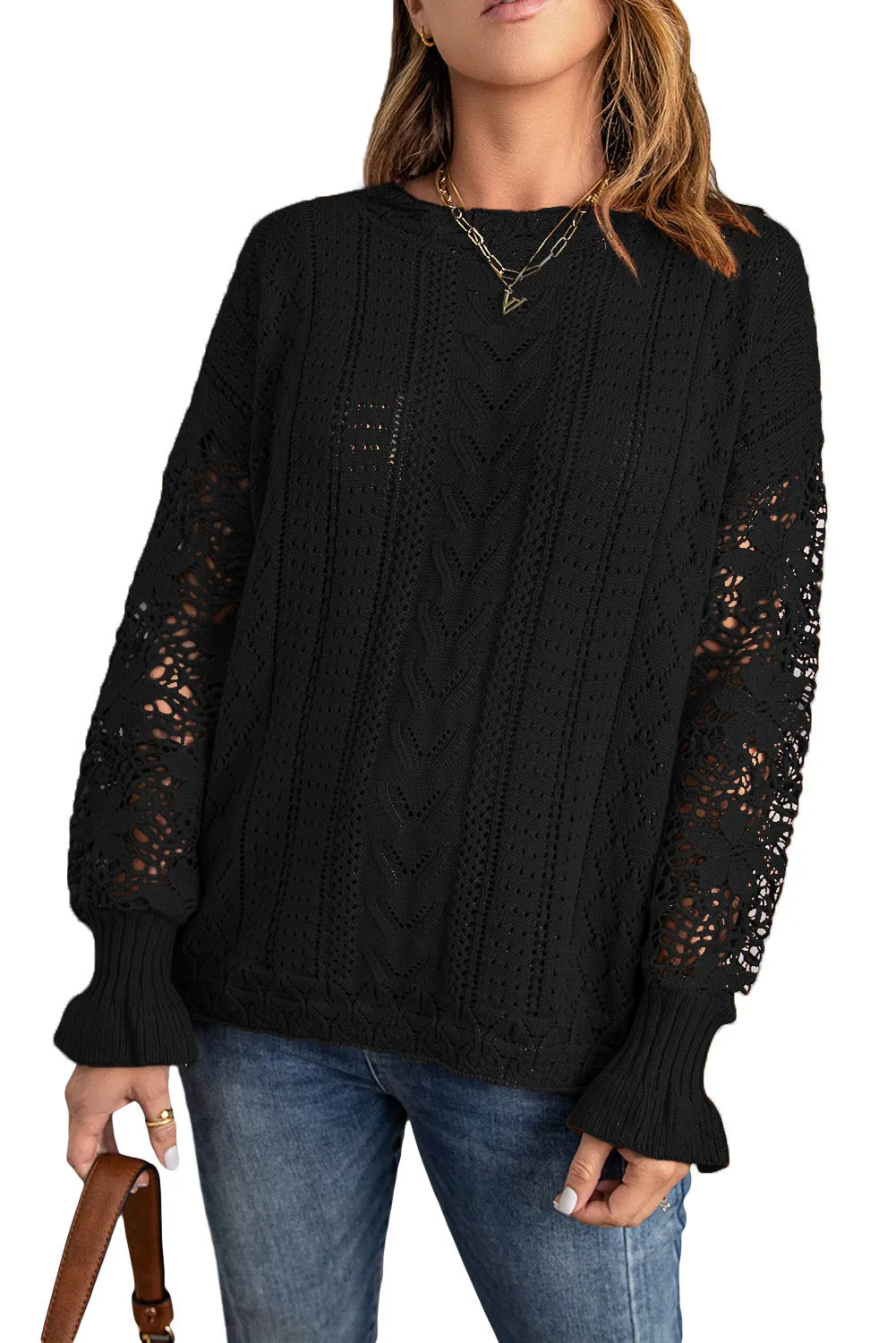 Crochet Lace Pointelle Knit Sweater