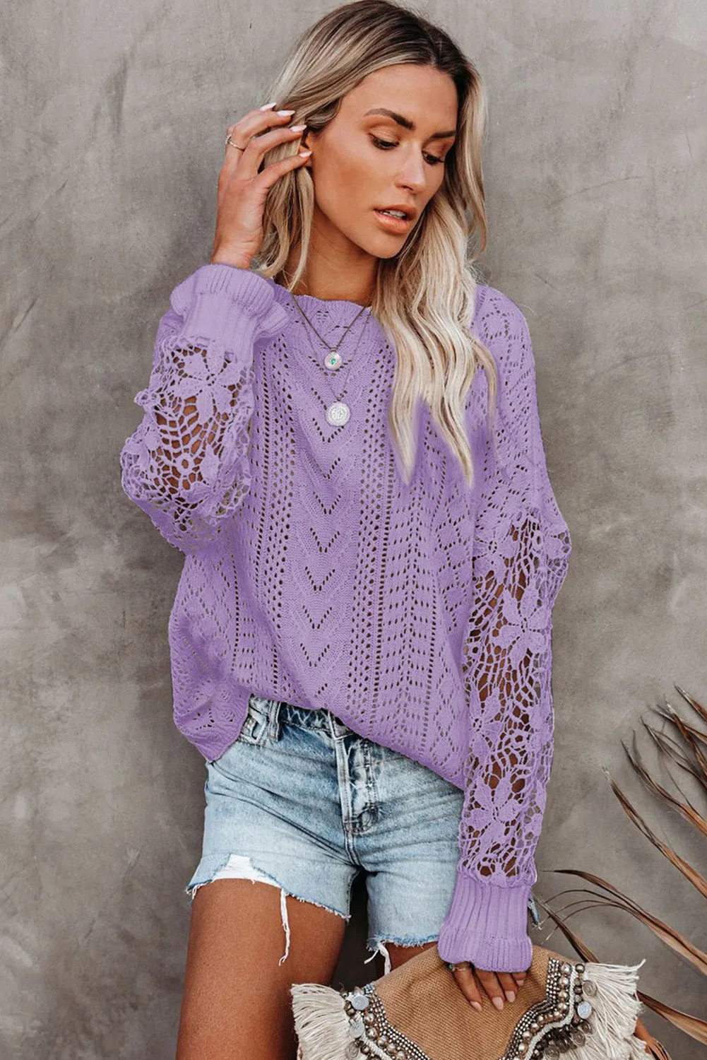 Crochet Lace Pointelle Knit Sweater