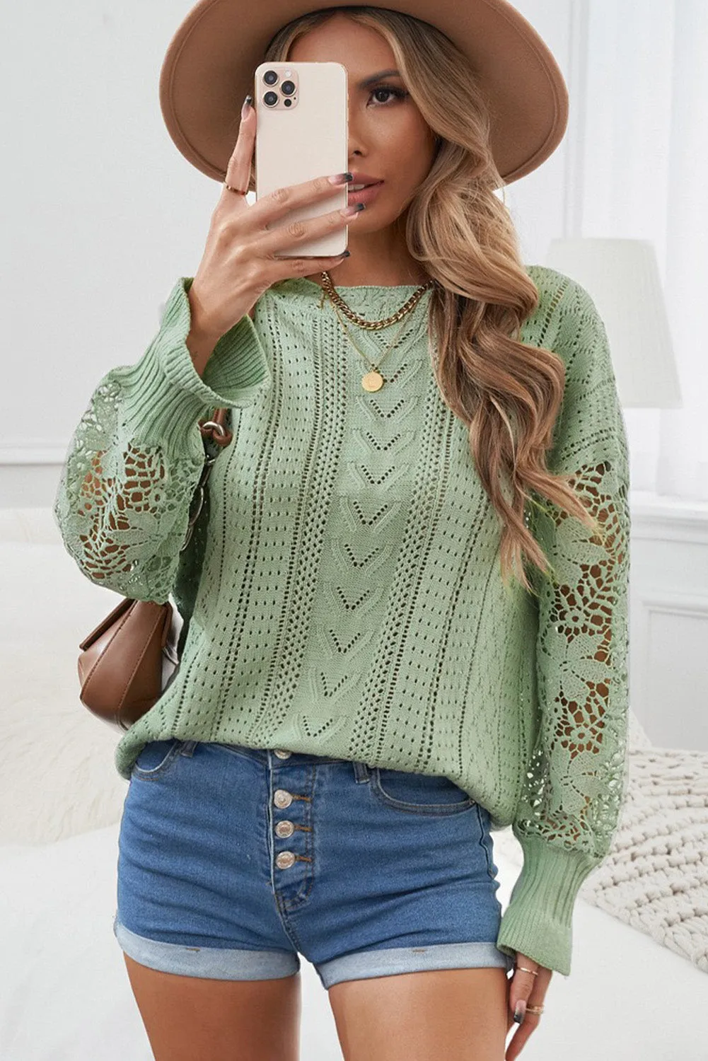 Crochet Lace Pointelle Knit Sweater