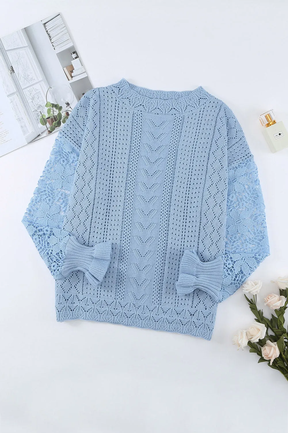 Crochet Lace Pointelle Knit Sweater