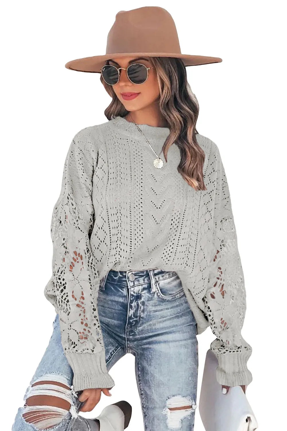 Crochet Lace Pointelle Knit Sweater