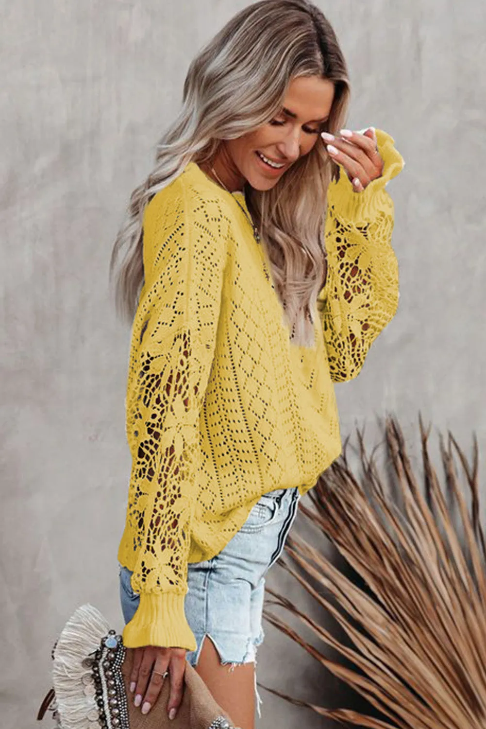 Crochet Lace Pointelle Knit Sweater