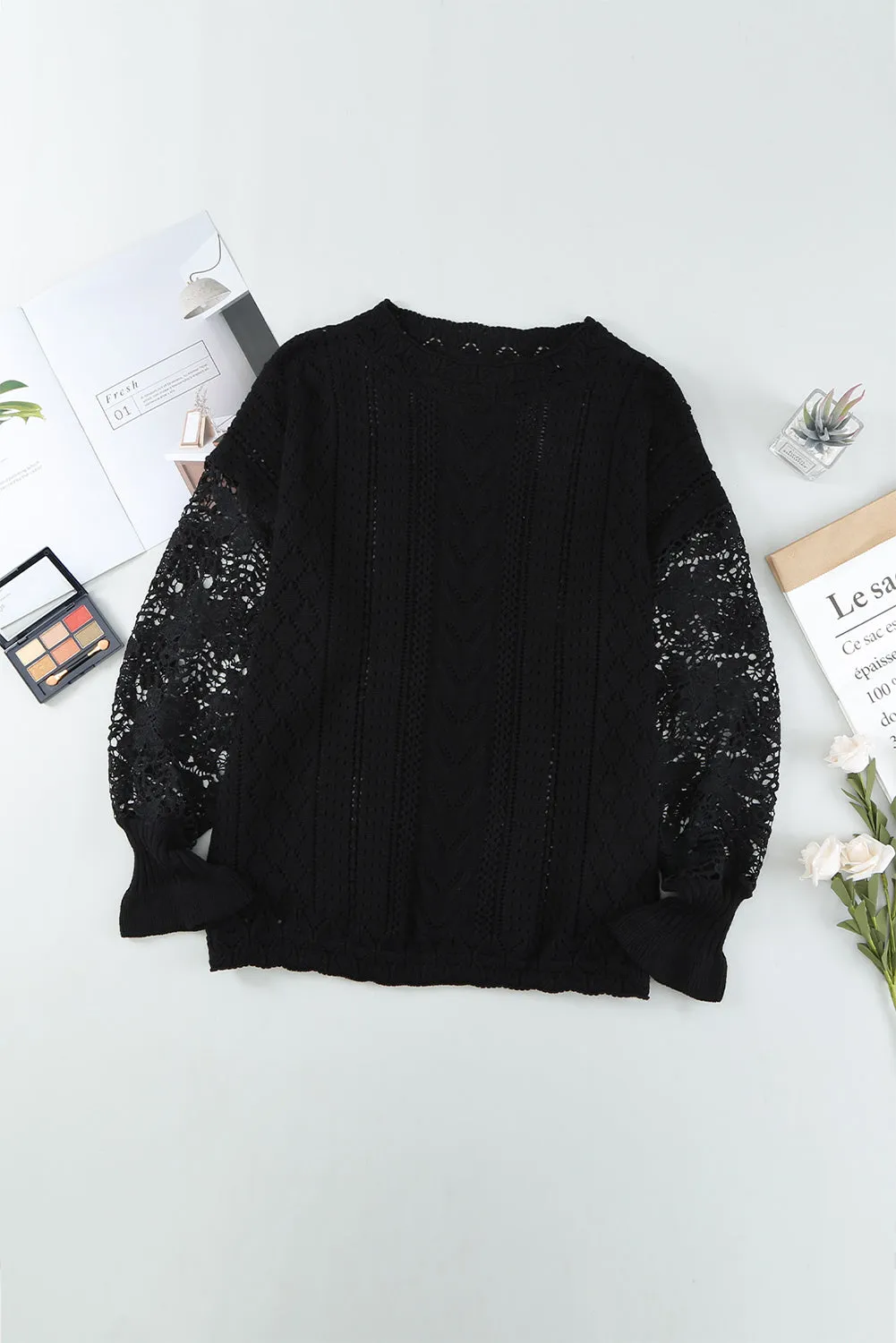 Crochet Lace Pointelle Knit Sweater