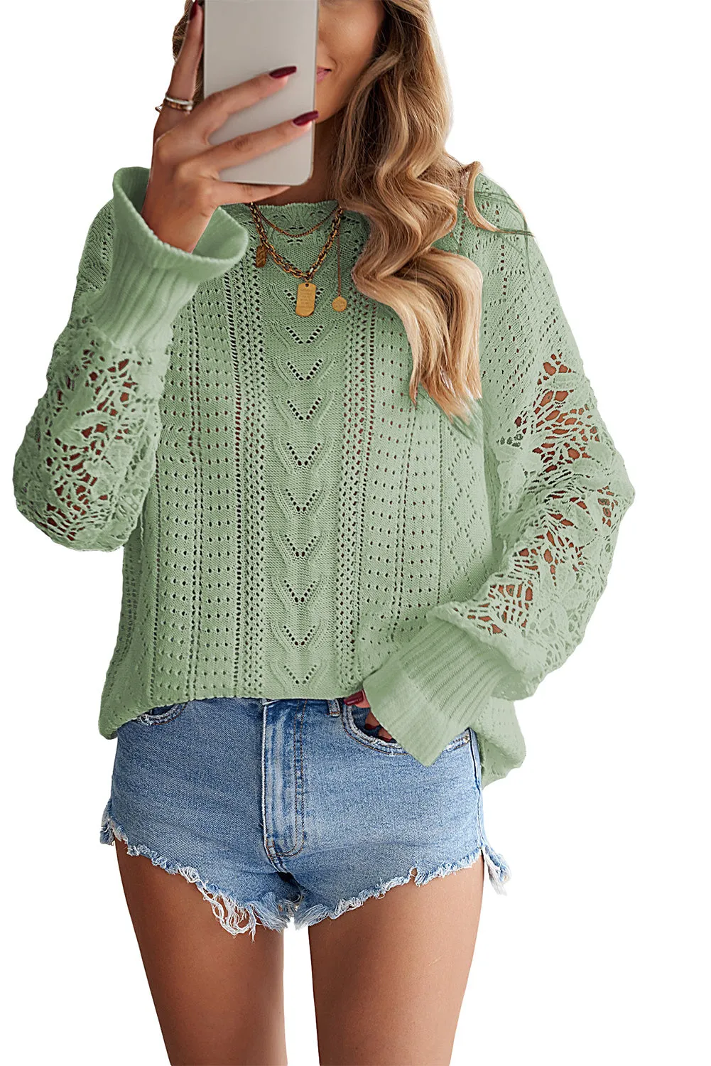 Crochet Lace Pointelle Knit Sweater