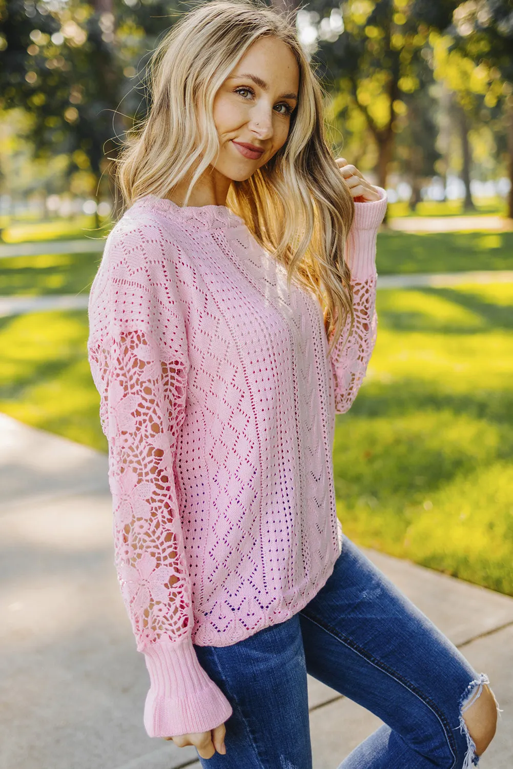 Crochet Lace Pointelle Knit Sweater