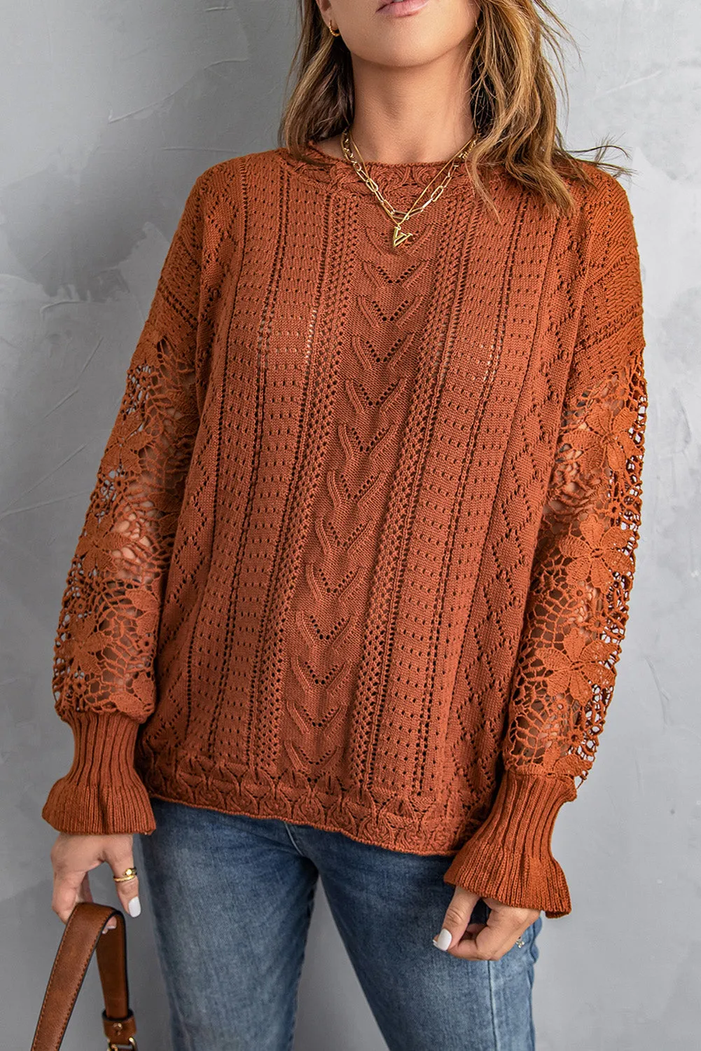 Crochet Lace Pointelle Knit Sweater