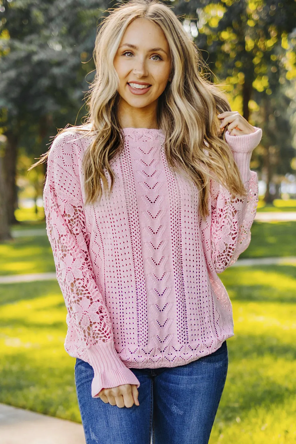 Crochet Lace Pointelle Knit Sweater