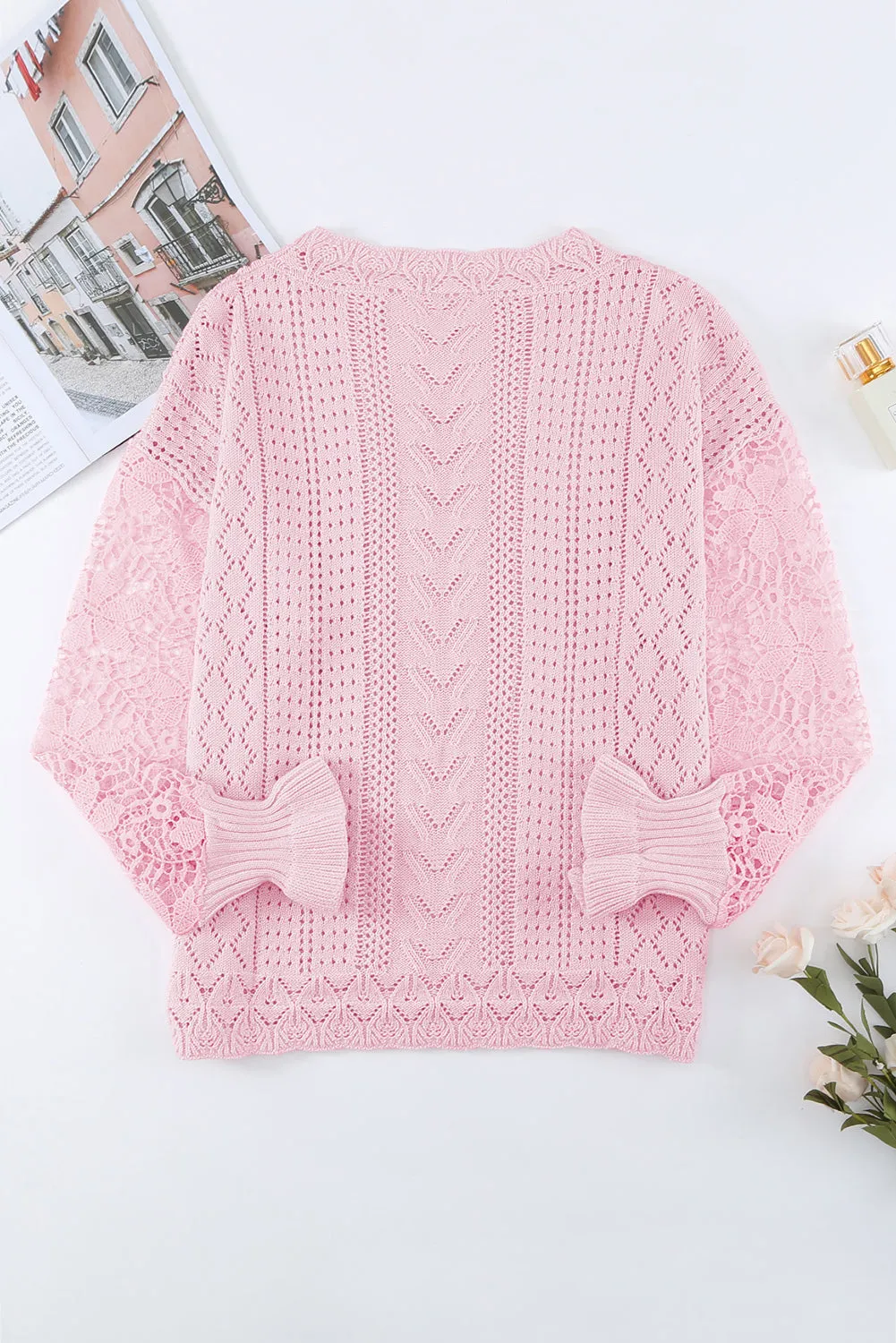 Crochet Lace Pointelle Knit Sweater