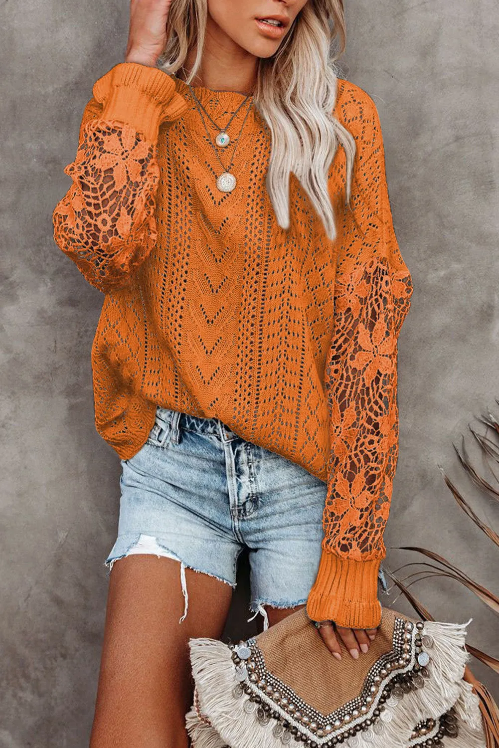 Crochet Lace Pointelle Knit Sweater