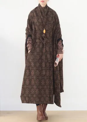 Elegant oversized mid-length coats winter brown Batwing Sleeve v neck woolen outwear