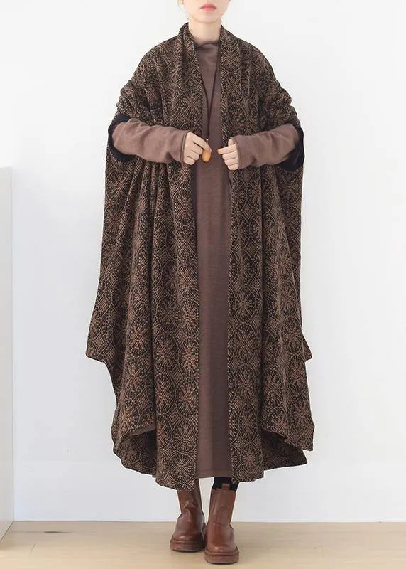 Elegant oversized mid-length coats winter brown Batwing Sleeve v neck woolen outwear