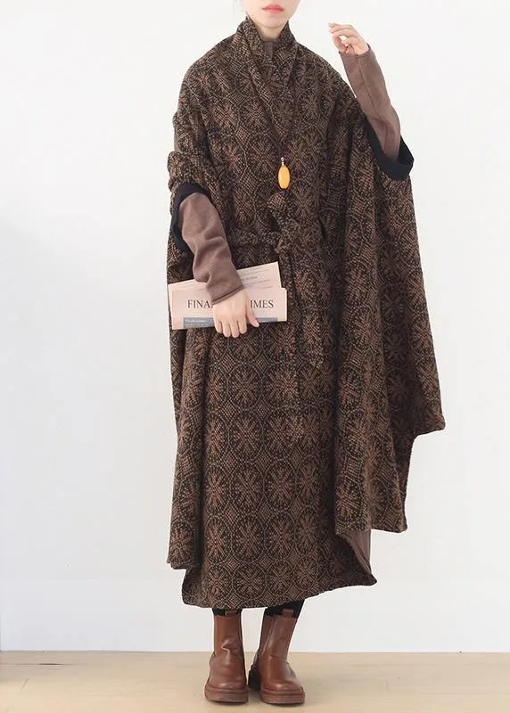 Elegant oversized mid-length coats winter brown Batwing Sleeve v neck woolen outwear