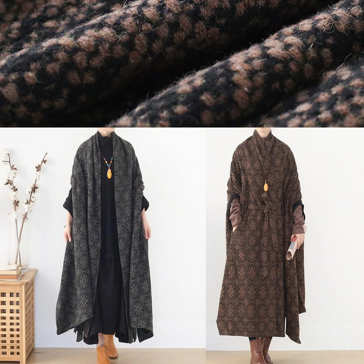 Elegant oversized mid-length coats winter brown Batwing Sleeve v neck woolen outwear