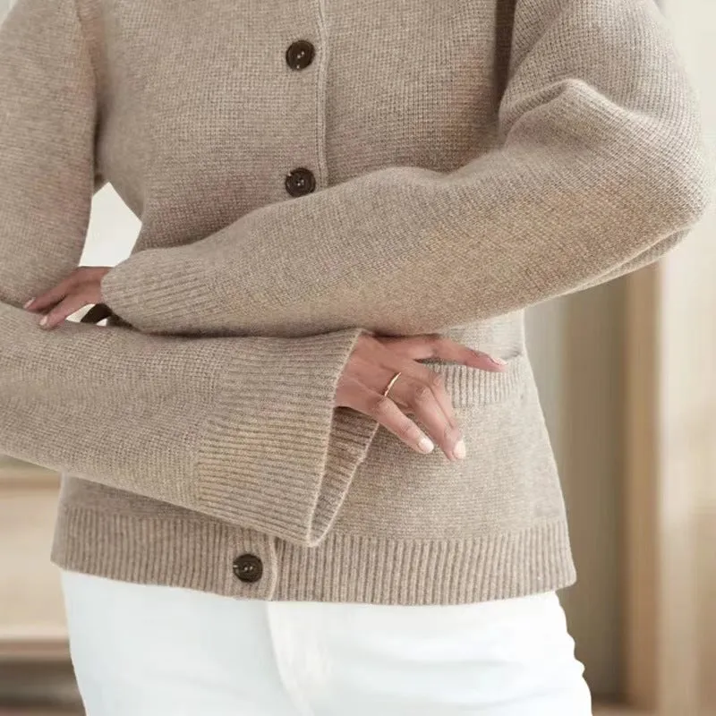 Elegant Ribbed Knit Crew Neck Bell Sleeves Button Front Cardigan