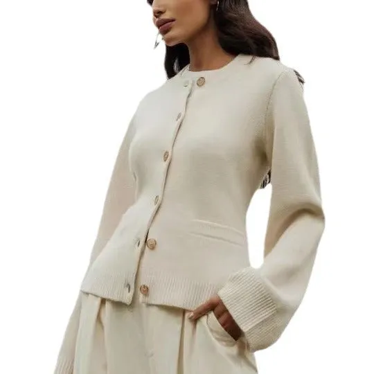 Elegant Ribbed Knit Crew Neck Bell Sleeves Button Front Cardigan