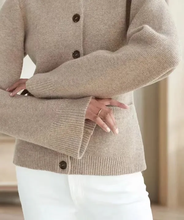 Elegant Ribbed Knit Crew Neck Bell Sleeves Button Front Cardigan