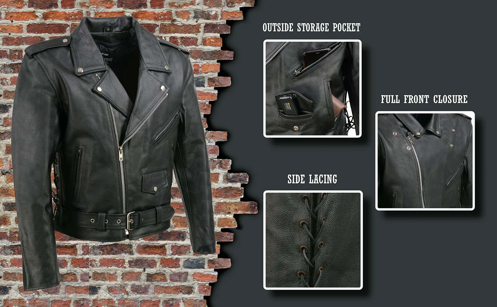 Event Leather EL5411 Men's Black Classic Side Lace Motorcycle Leather Jacket – Motorcycle Riding Jackets