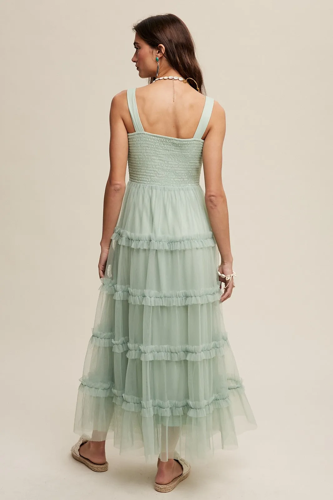 Green Lily Frilly Ruffle Tiered Mesh Maxi Dress