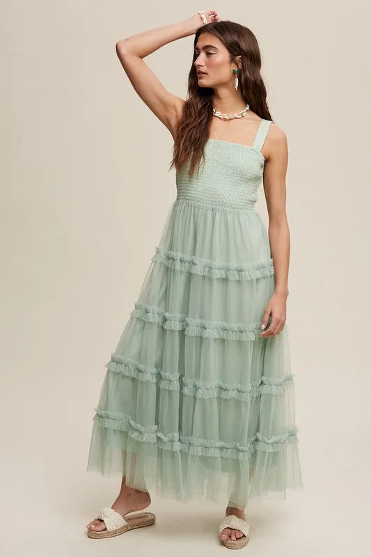 Green Lily Frilly Ruffle Tiered Mesh Maxi Dress