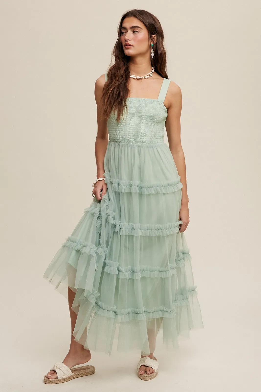 Green Lily Frilly Ruffle Tiered Mesh Maxi Dress