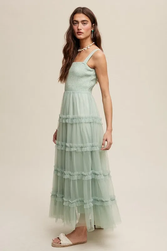 Green Lily Frilly Ruffle Tiered Mesh Maxi Dress