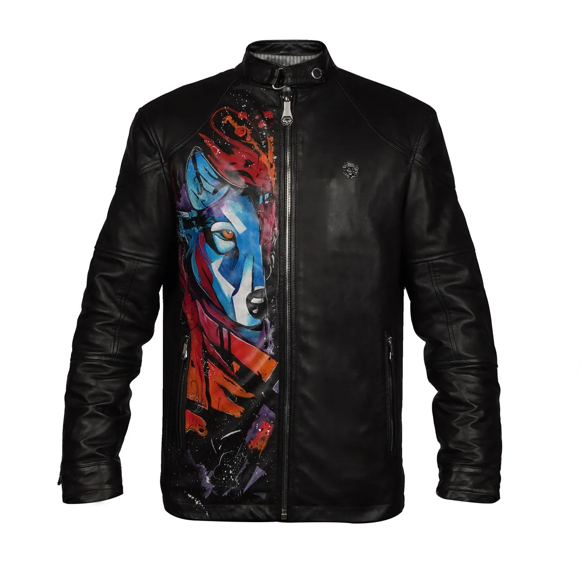 Hand Painted Wolf Half Face Zipper Pockets Black Leather Jacket For Men By Brune & Bareskin