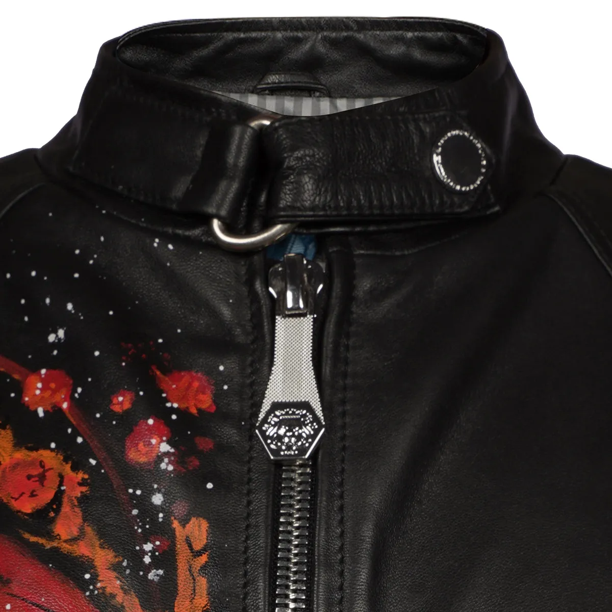 Hand Painted Wolf Half Face Zipper Pockets Black Leather Jacket For Men By Brune & Bareskin