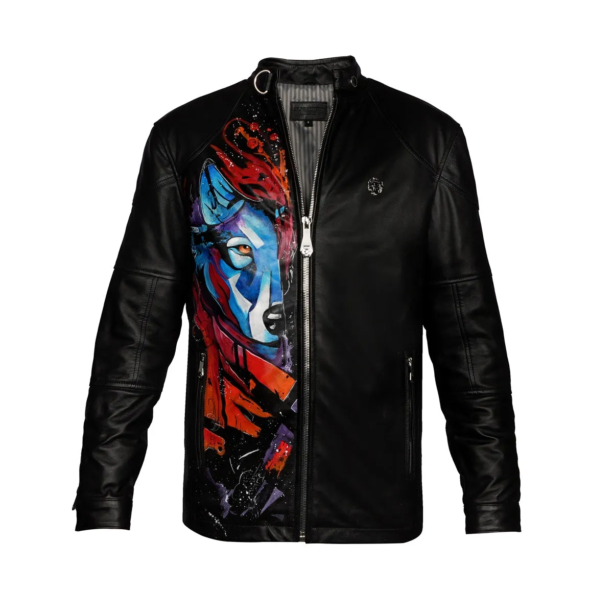 Hand Painted Wolf Half Face Zipper Pockets Black Leather Jacket For Men By Brune & Bareskin