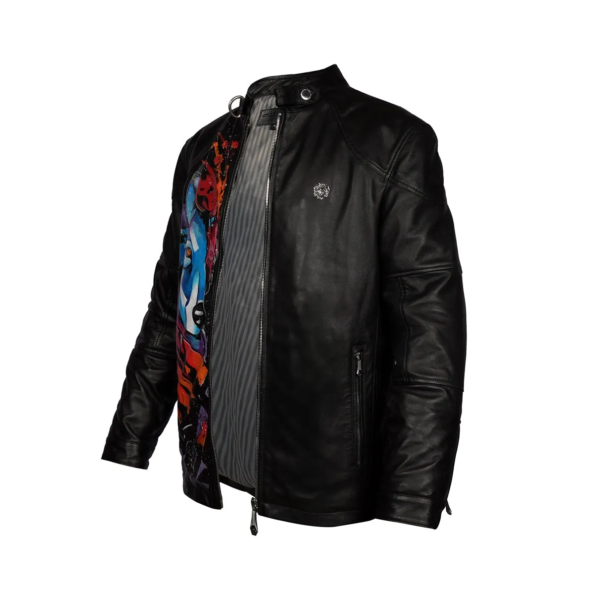 Hand Painted Wolf Half Face Zipper Pockets Black Leather Jacket For Men By Brune & Bareskin