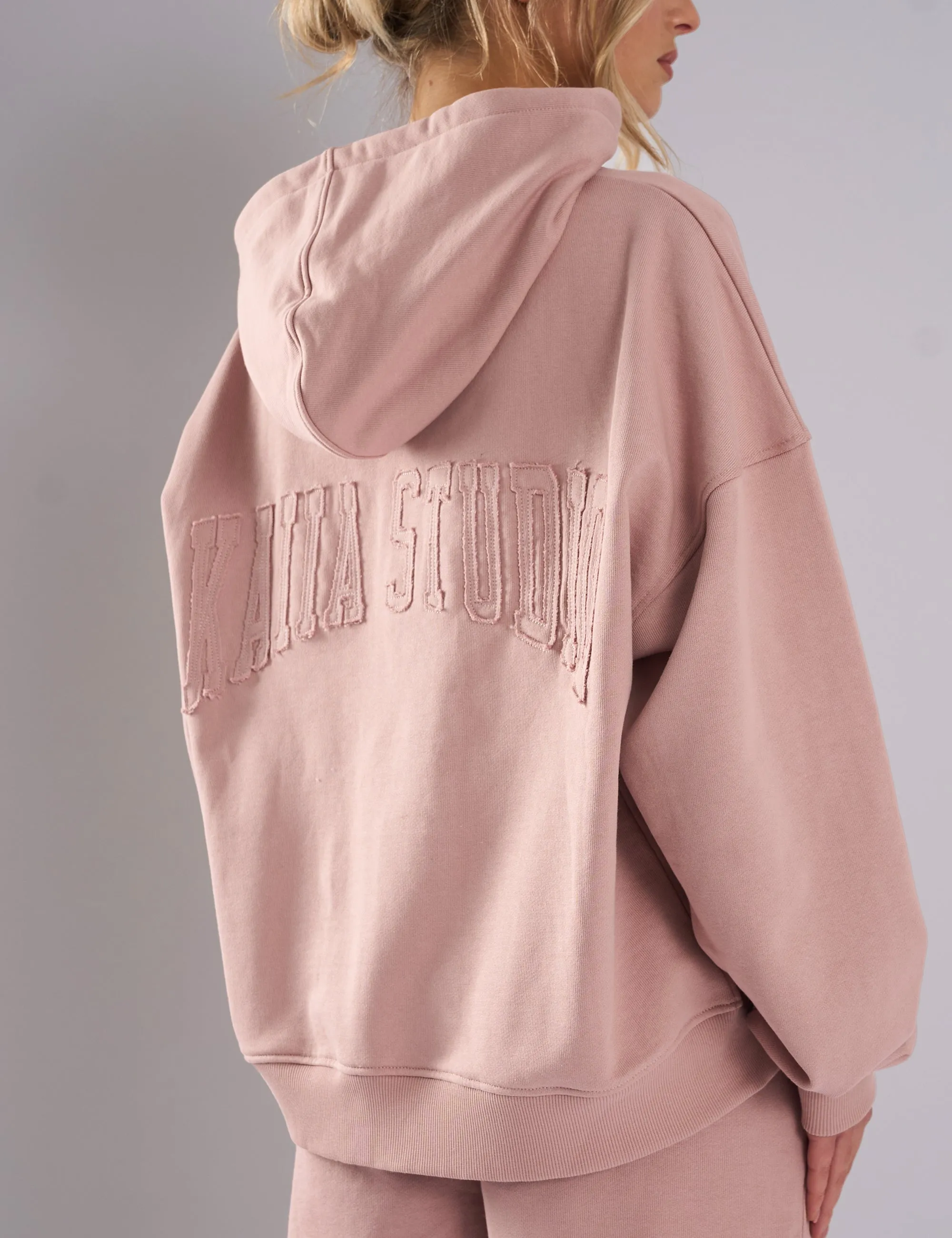 Kaiia Studio Back Distressed Applique Logo Hoodie Blush