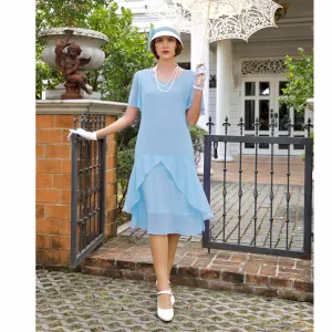 Light blue 1920s Great Gatsby day dress with sweetheart neckline