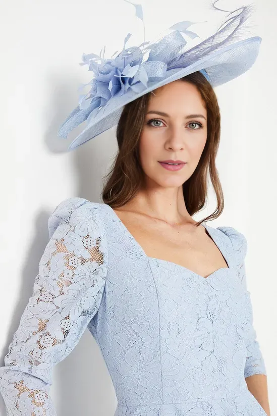 Light Blue Lace Belted Midi Dress 3/4 Length Sleeve Mother of the Bride Dresse Wedding Guest Dresses