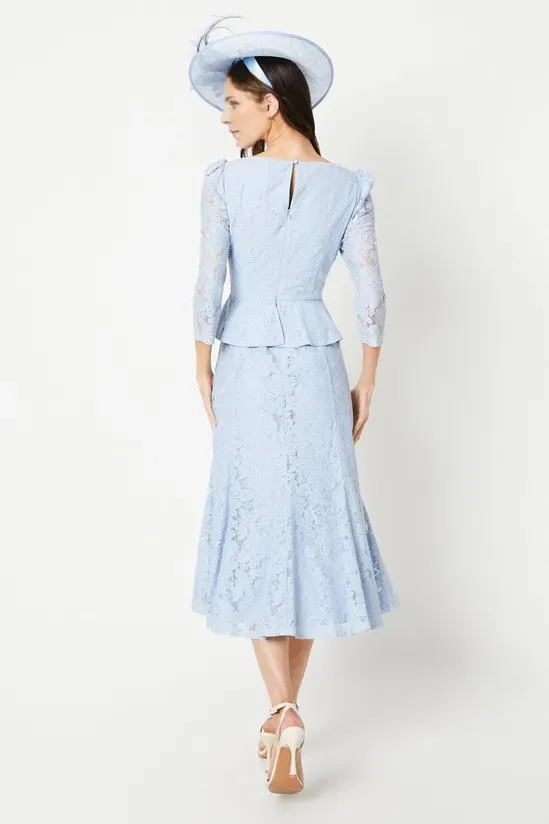 Light Blue Lace Belted Midi Dress 3/4 Length Sleeve Mother of the Bride Dresse Wedding Guest Dresses