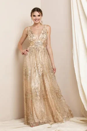 Light Gold Deep V Neck Sequin Maxi Evening Dress