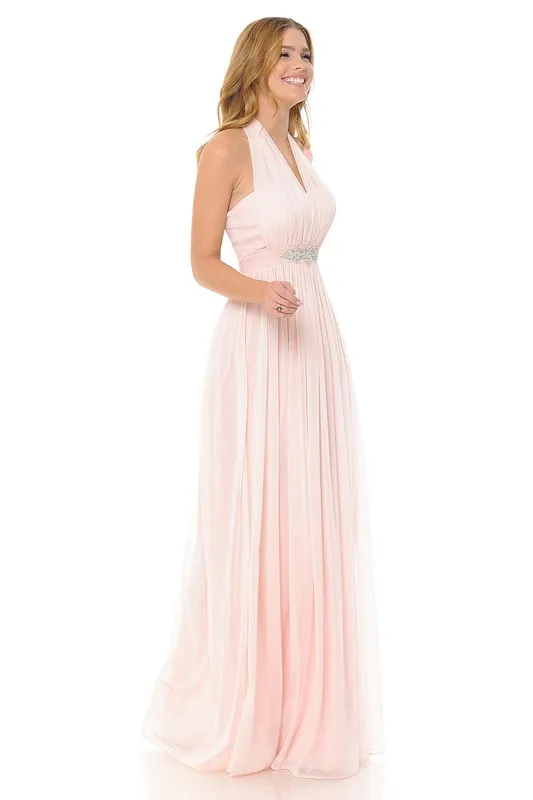 Light Pink Halter Ruched Embellished Kakao Long Formal Dress